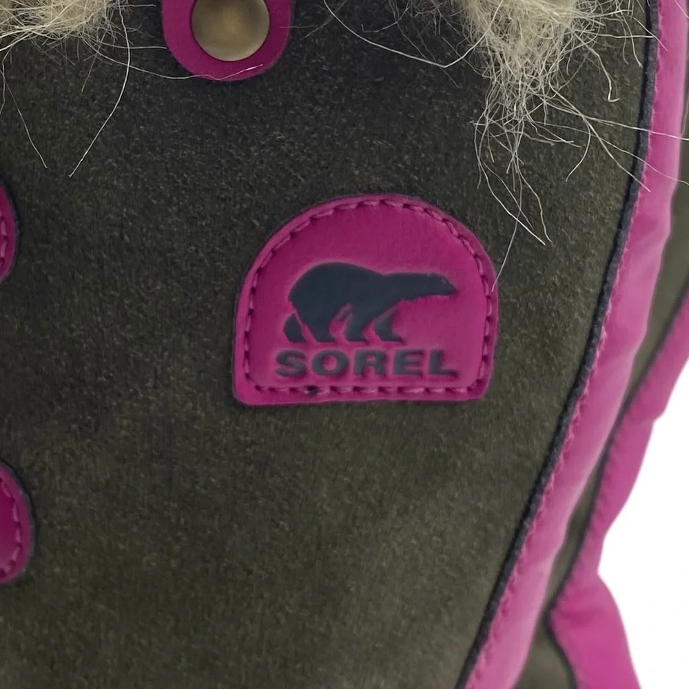 Sorel Girls Winter Boots Size 6 Green Pink Leather Waterproof Faux Fur Tall - Picture 4 of 14